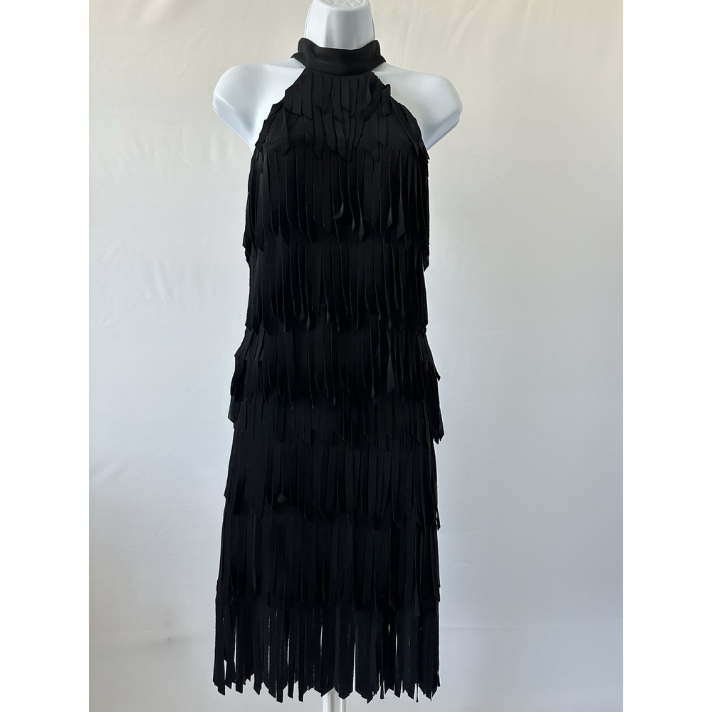 Cache High Neck Black Full Fringe Skirt Set,  Size 8 Western Rodeo (b41)